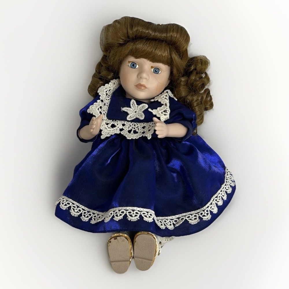 DanDee Collectors Choice Porcelain Doll Blue Satin Dress Curly Hair 10" Vintage